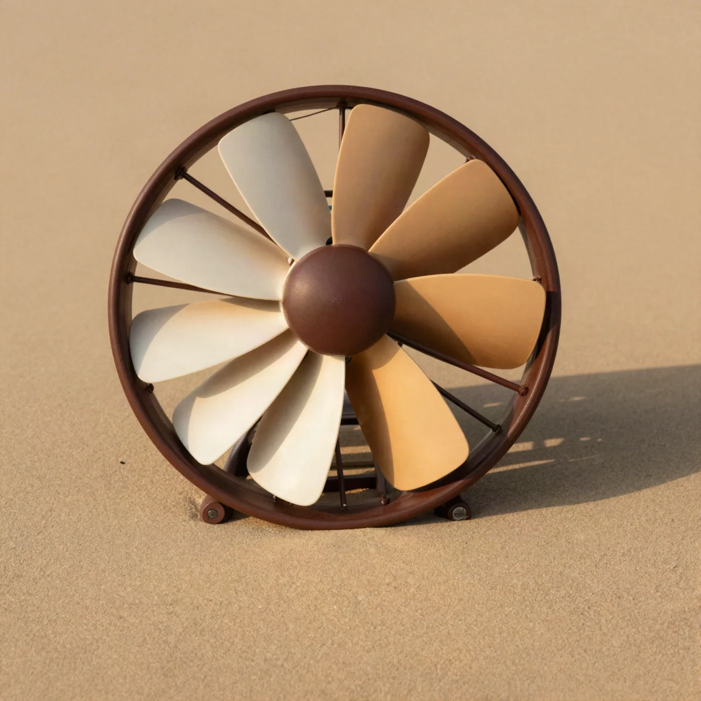 A bladed fan photographed on tan paper in raking light — the part that keeps a running system cool.