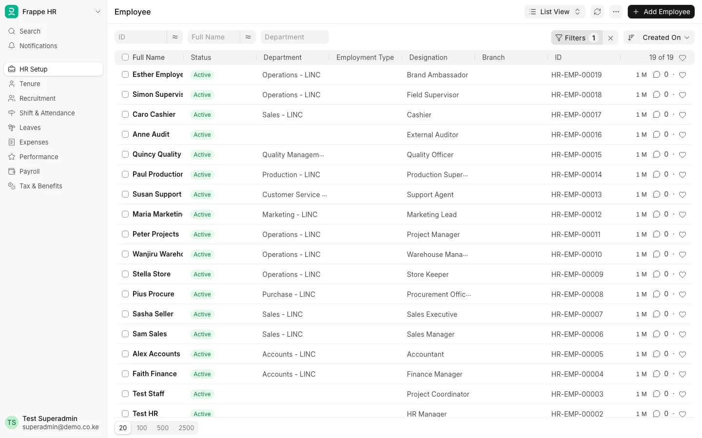 OptimaERP staff list: nineteen demo employees, each with their own department and job title.